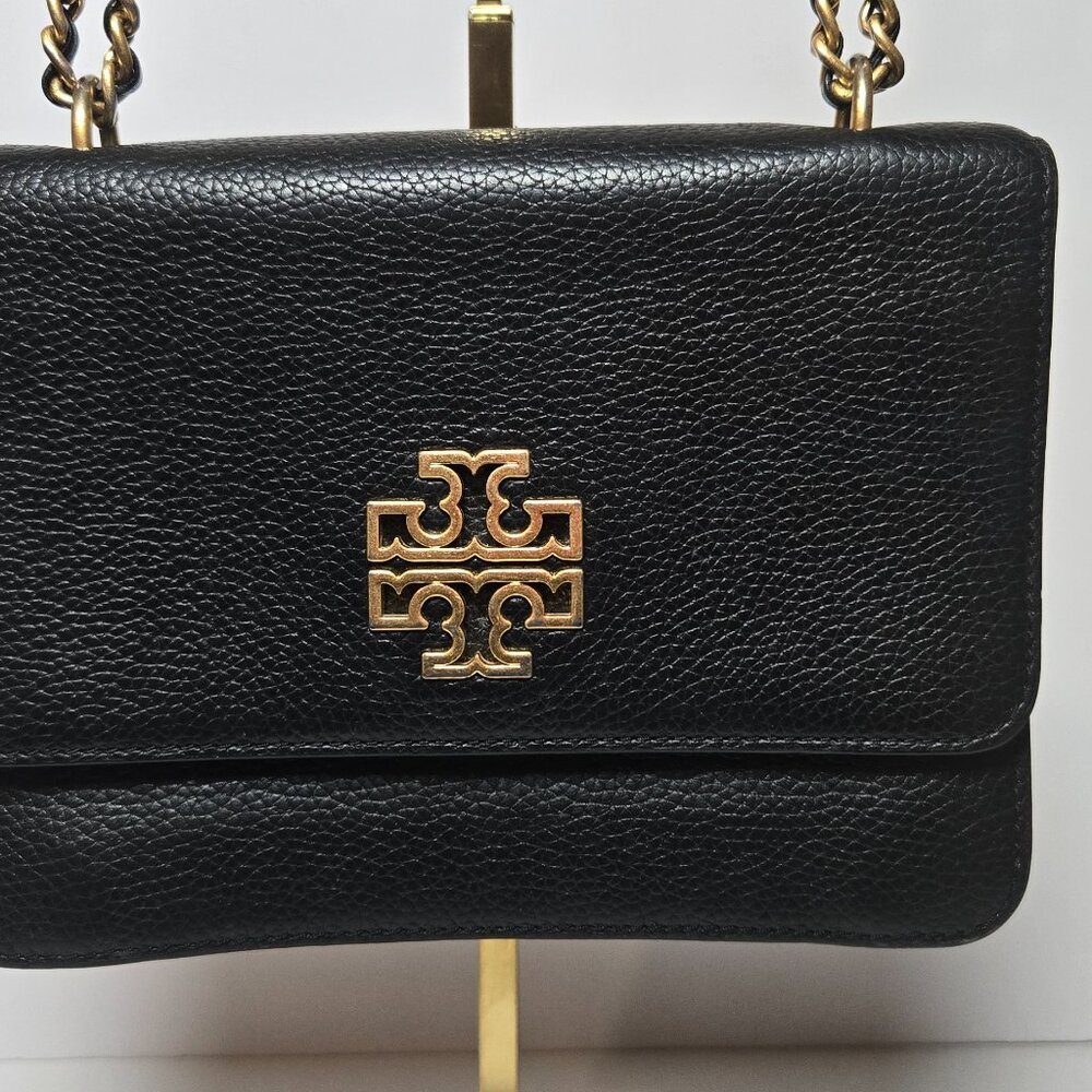 Tory Burch Britten Combo Crossbody Shoulder Bag Black Pebbled Leather Gold Chain - Picture 2 of 10